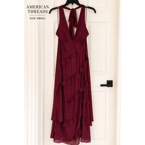 American Threads Burgundy Ruffle Halter Midi Dress Wine Red Tiered V-Neck Small